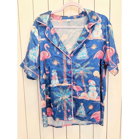 Unbranded Tops - Tropical Christmas Satin Button Down Women XL Blue Flamingo Snowman Beachy